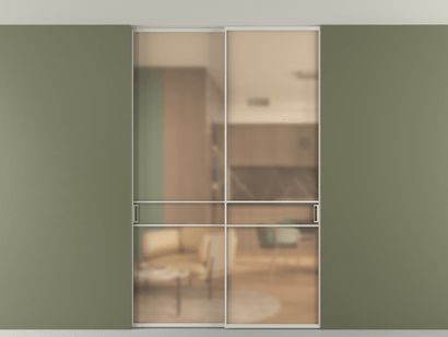 Алюминевая перегородка vn2_02 Алюминий тёплый серый Сатинированное оранжевое стекло, триплекс, 6мм. Цвет Алюминий тёплый серый. Материал Алюминий в эмали. Коллекция Перегородка Formato внутри проёма двустворчатая со скрытым креплением в потолок. Картинка.