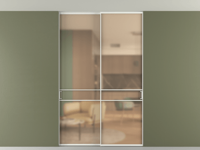 Алюминевая перегородка vn2_02 Алюминий светло-серый Сатинированное оранжевое стекло, триплекс, 6мм. Цвет Алюминий светло-серый. Материал Алюминий в эмали. Коллекция Перегородка Formato внутри проёма двустворчатая со скрытым креплением в потолок. Картинка.