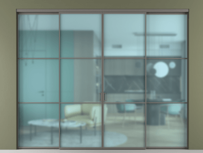 Алюминевая перегородка АЛПР 040.03_АКЛС_САТ ГОЛ_new. Цвет Алюминий классический серый. Материал Алюминий в эмали. Коллекция Перегородка Formato внутри проёма четырёхстворчатая. Картинка.