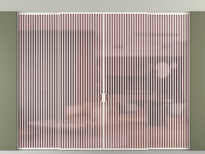 Алюминевая перегородка vn2+2_06_ Алюминий пудровый белый Сатинированное розовое стекло, триплекс, 6мм. Цвет Алюминий пудровый белый. Материал Алюминий в эмали. Коллекция Перегородка Formato внутри проёма четырёхстворчатая со скрытым креплением в потолок. Картинка.