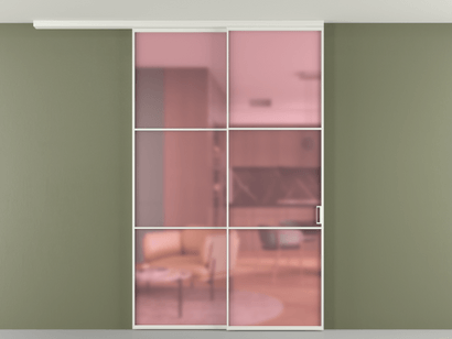 Алюминевая перегородка pv2_2_03_ Алюминий светло-серый Сатинированное розовое стекло, триплекс, 6мм. Цвет Алюминий светло-серый. Материал Алюминий в эмали. Коллекция Перегородка Formato вдоль стены на потолок телескопик синхро 2. Картинка.