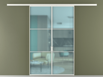 Алюминевая перегородка vd2_03_ Алюминий светло-серый Сатинированное голубое стекло, триплекс, 6мм. Цвет Алюминий светло-серый. Материал Алюминий в эмали. Коллекция Перегородка Formato вдоль стены двустворчатая. Картинка.