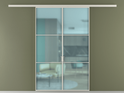 Алюминевая перегородка vd2_03_ Алюминий тёплый серый Сатинированное голубое стекло, триплекс, 6мм. Цвет Алюминий тёплый серый. Материал Алюминий в эмали. Коллекция Перегородка Formato вдоль стены двустворчатая. Картинка.