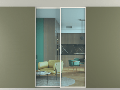 Алюминевая перегородка vn2_01 Алюминий пудровый белый Прозрачное голубое стекло, триплекс, 6мм. Цвет Алюминий пудровый белый. Материал Алюминий в эмали. Коллекция Перегородка Formato внутри проёма двустворчатая со скрытым креплением в потолок. Картинка.