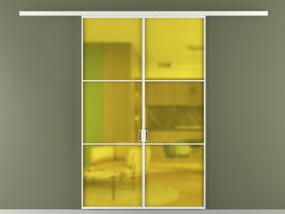 Алюминевая перегородка vd2_03_ Алюминий светло-серый Сатинированное жёлтое стекло, триплекс, 6мм. Цвет Алюминий светло-серый. Материал Алюминий в эмали. Коллекция Перегородка Formato вдоль стены двустворчатая. Картинка.