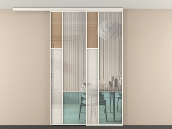 Алюминевая перегородка vdt2_6 Алюминий пудровый белый Четыре стекла. Цвет Алюминий пудровый белый. Материал Алюминий в эмали. Коллекция Перегородка Mosaic вдоль стены на потолок 2 створки с синхронным механизмом. Картинка.