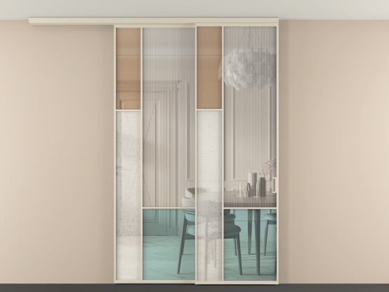 Алюминевая перегородка vdt2_6 Алюминий бежево-серый Четыре стекла. Цвет Алюминий бежево-серый. Материал Алюминий в эмали. Коллекция Перегородка Mosaic вдоль стены на потолок 2 створки с синхронным механизмом. Картинка.