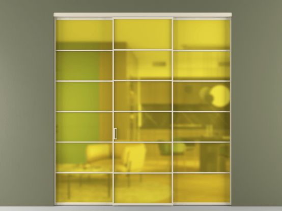 Алюминевая перегородка vn1+2_04_ Алюминий бежево-серый Сатинированное жёлтое стекло, триплекс, 6мм. Цвет Алюминий бежево-серый. Материал Алюминий в эмали. Коллекция Перегородка Формато внутри проёма 3 створки. Картинка.