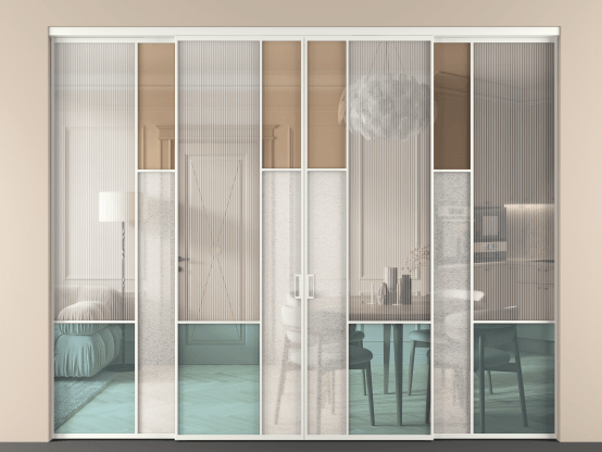 Алюминевая перегородка vnt4_8 Алюминий светло-серый Четыре стекла. Цвет Алюминий светло-серый. Материал Алюминий в эмали. Коллекция Перегородка Mosaic внутри проёма 4 створки. Картинка.