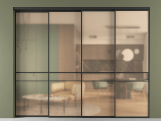 Алюминевая перегородка АЛПР 040.02_ЧРН_САТ ОРАНЖ_new. Цвет Алюминий Черный. Материал Алюминий. Коллекция Перегородка Formato внутри проёма 4 створки с синхронным механизмом. Картинка.