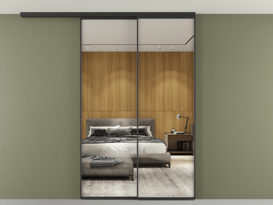 Алюминевая перегородка pv2_2_01 Двустороннее зеркало ЧЕР. Цвет Алюминий Черный. Материал Алюминий. Коллекция Перегородка Formato вдоль стены на потолок 2 створки с синхронным механизмом. Картинка.