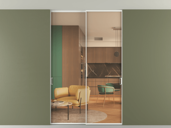 Алюминевая перегородка vn2_01 Алюминий светло-серый Прозрачное оранжевое стекло, триплекс, 6мм. Цвет Алюминий светло-серый. Материал Алюминий в эмали. Коллекция Перегородка Формато внутри проёма скрытое крепление в потолок 2 створки. Картинка.