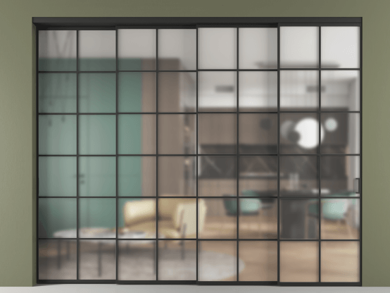 Алюминевая перегородка vn4_05 Matelux Crystalvision ЧЕР. Цвет Алюминий Черный. Материал Алюминий. Коллекция Перегородка Formato внутри проёма 4 створки с синхронным механизмом. Картинка.