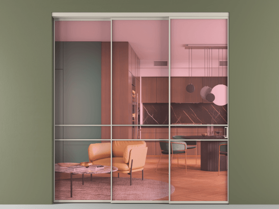 Алюминевая перегородка АЛПР 040.02_АСБЖ_ПРОЗ РОЗ_new. Цвет Алюминий светло-бежевый. Материал Алюминий в эмали. Коллекция Перегородка Формато внутри проёма 3 створки с синхронным механизмом. Картинка.